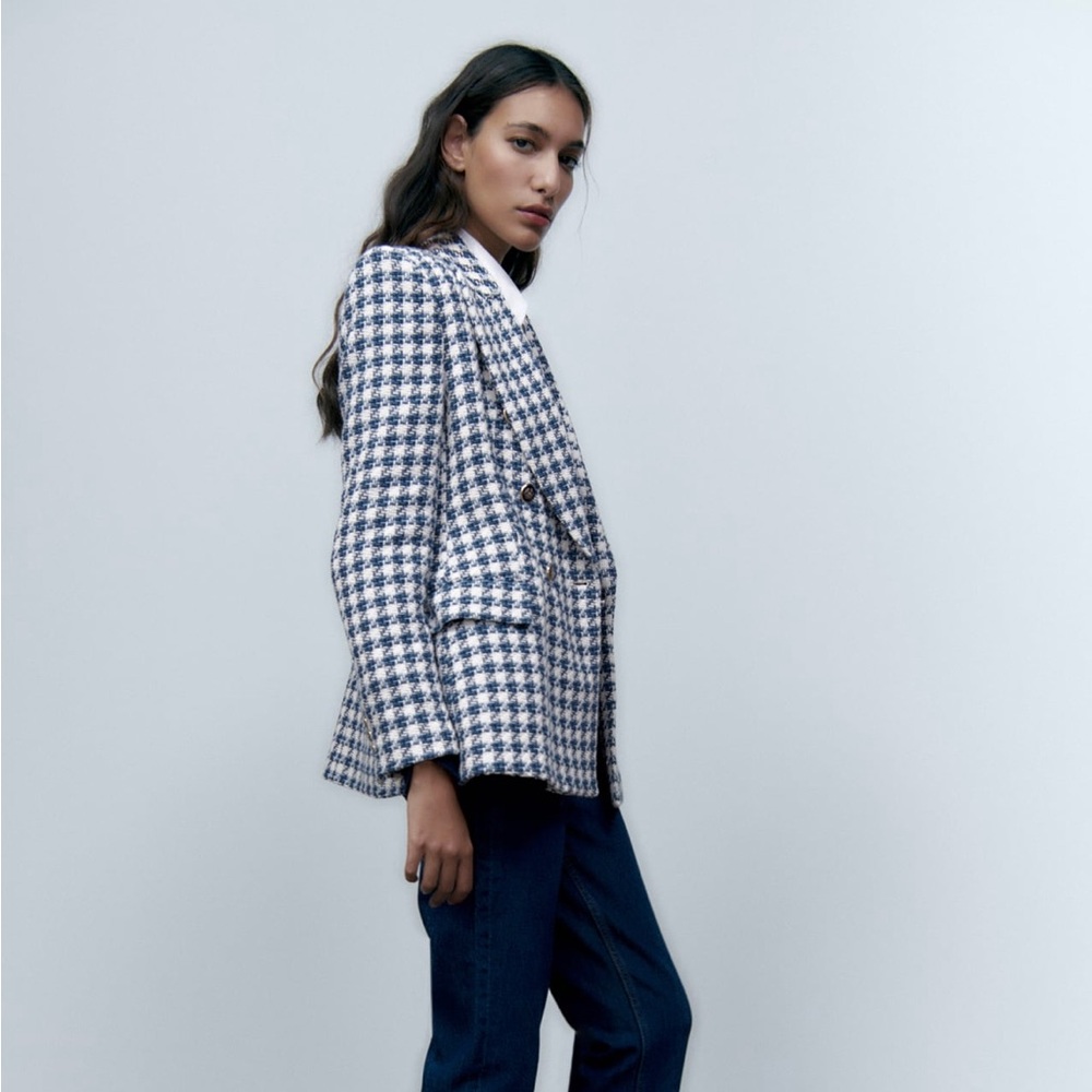 Zara double breasted textured jacket blazer lapel collar shoulder pads - Picture 2 of 10